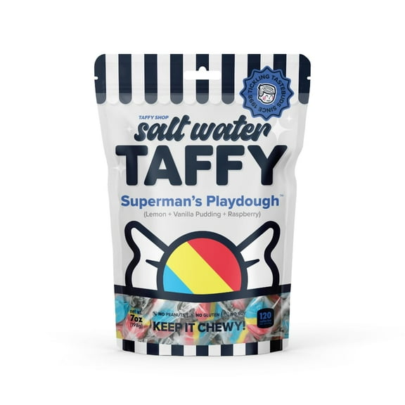 Taffy Shop Superman's Playdough, Lemon Vanilla pudding raspberry Salt Water Taffy – Assorted Gourmet Candy Variety Pack, Bulk Sweet Snack, Fresh & Gluten-Free, 65 Individually Wrapped Pieces (32oz)