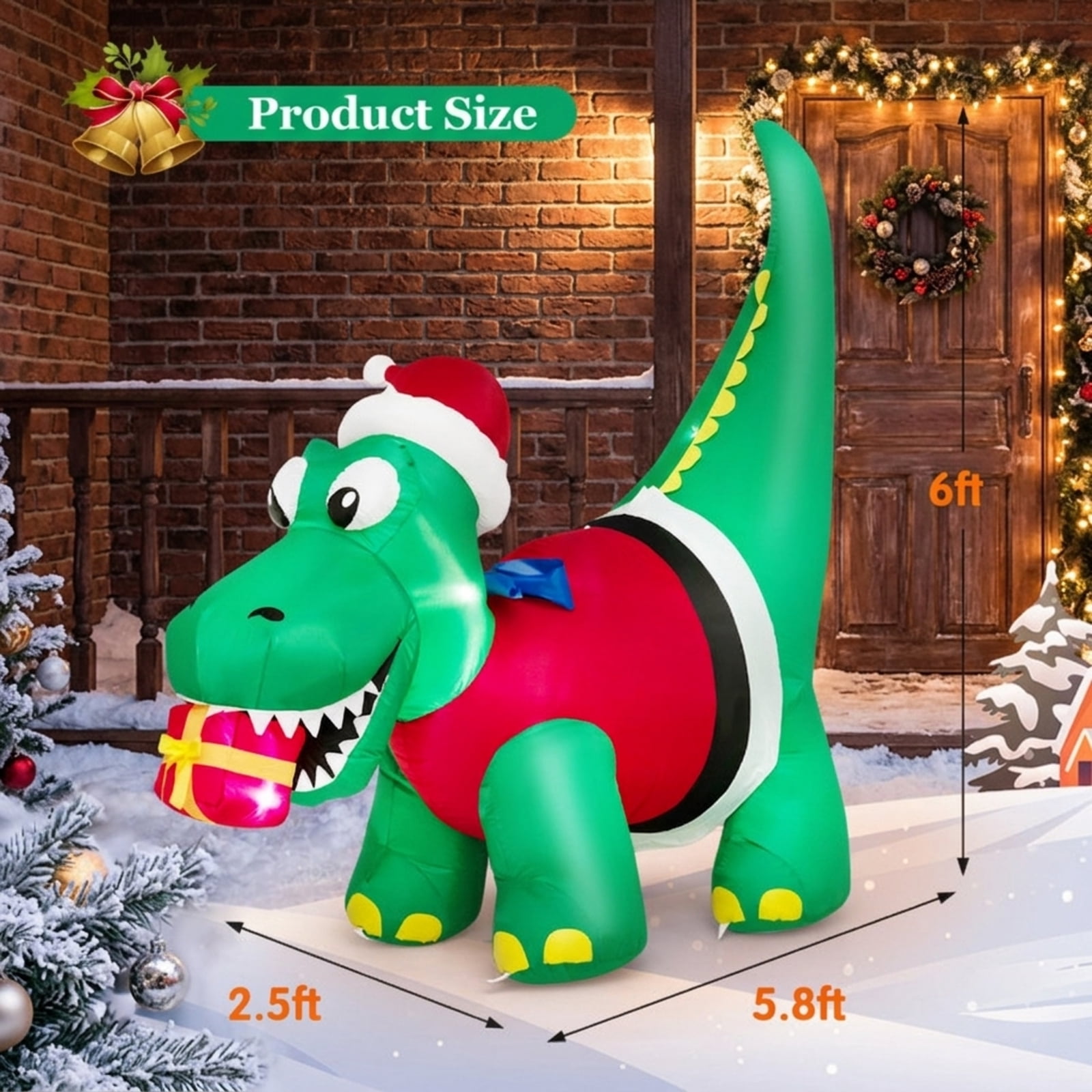 RUIE 6 FT Christmas Inflatable Dinosaur, Blow Up Dino with Santa Hat Gift Box and LED Lights, Lighted Outdoor Yard Decor for Lawn Party - Green