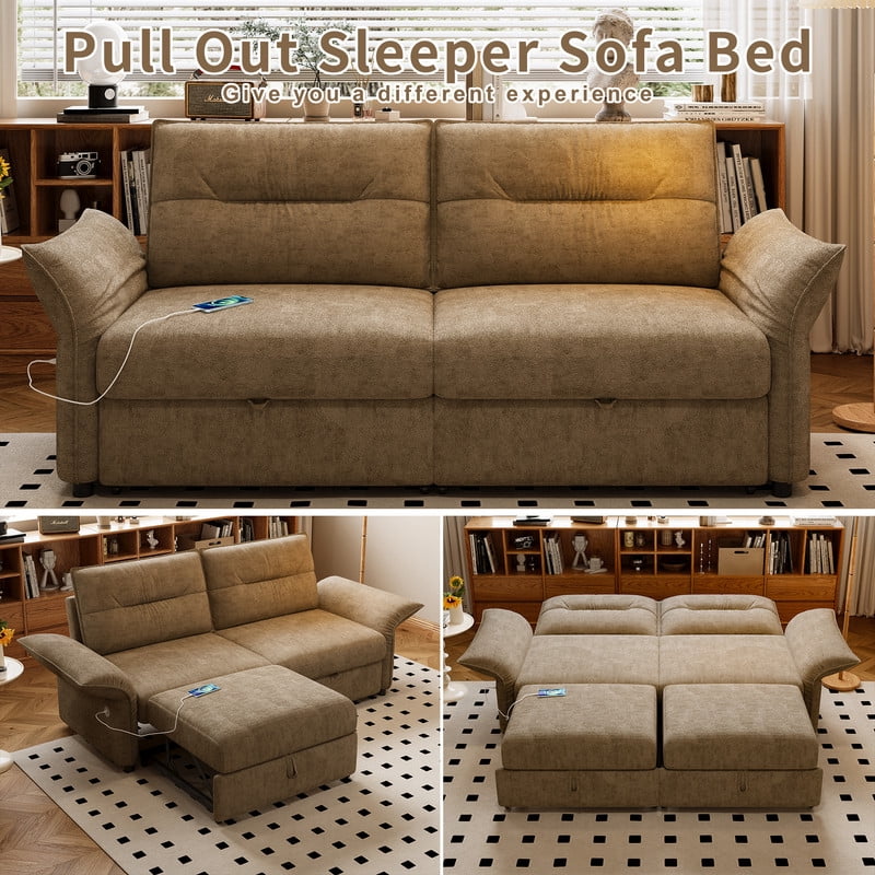 85" Convertible Sofa Bed, 2-in-1 Sleeper Sofa with Plush Fabric, Full-Size Pull-Out Couch with USB Charging Ports, Solid Wood Frame, High-Resilience Foam for Living Room & Small Space