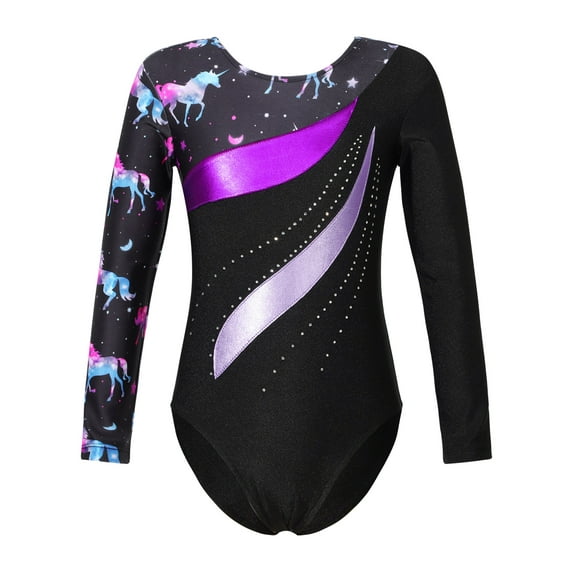 iEFiEL Girls Gymnastics Leotard Shiny Rhinestone Long Sleeve Colorful Print Bodysuit Dance Costume Black&Purple 4