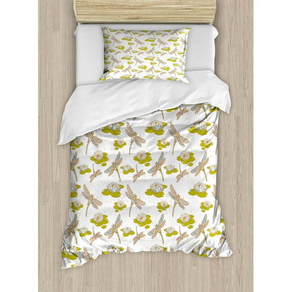 Dragonfly Duvet Cover Set, Lotus Flower with Symbolic Yoga Themed Nature Theme Print, Decorative 2 Piece Bedding Set with 1 Pillow Shams, Twin Size, Apple Green and Cream, by Ambesonne