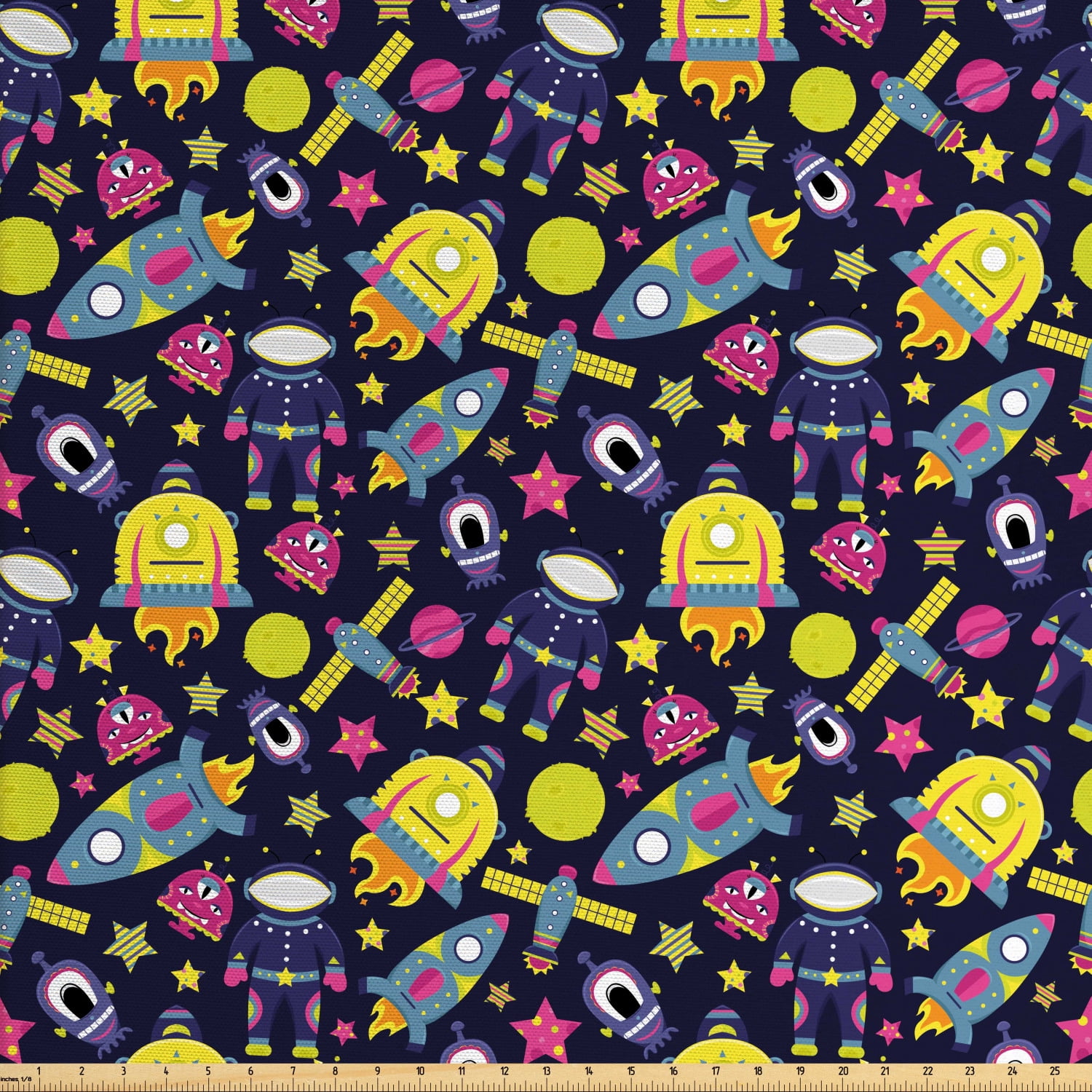 Alien Fabric by The Yard, Vibrant Concept of Spaceships Planets Satellites and Astronaut
