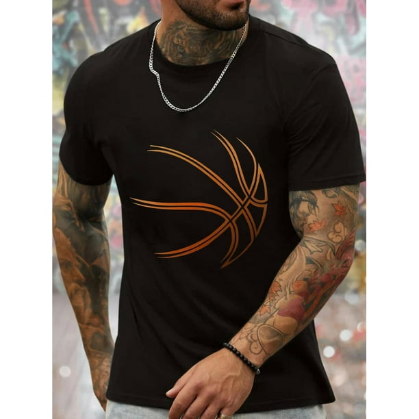 Men's Geometric Print T-Shirt - Casual Summer Short Sleeve Top with Orange/Black Contrast Design, Breathable Knit Fabric, Slight Stretch & Regular Fit Round Neck for Casual Attire, Basketball Graphic