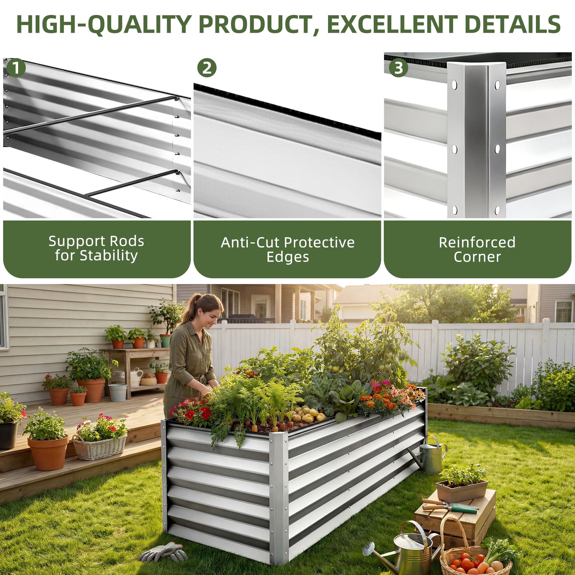 Uforic 8x4x3ft Galvanized Metal Raised Garden Bed, Outdoor Planter Box with Safety Rubber & Gloves for Vegetables Flowers, Silver