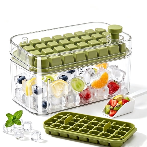 Ice Cube Tray with Lid and Bin, 64 Nuggets Ice Cubes Molds, Easy Release Ice Tray, Small Ice Cubes Maker for Drinks, Coffee, Juice, Whiskey and Cocktails, Green