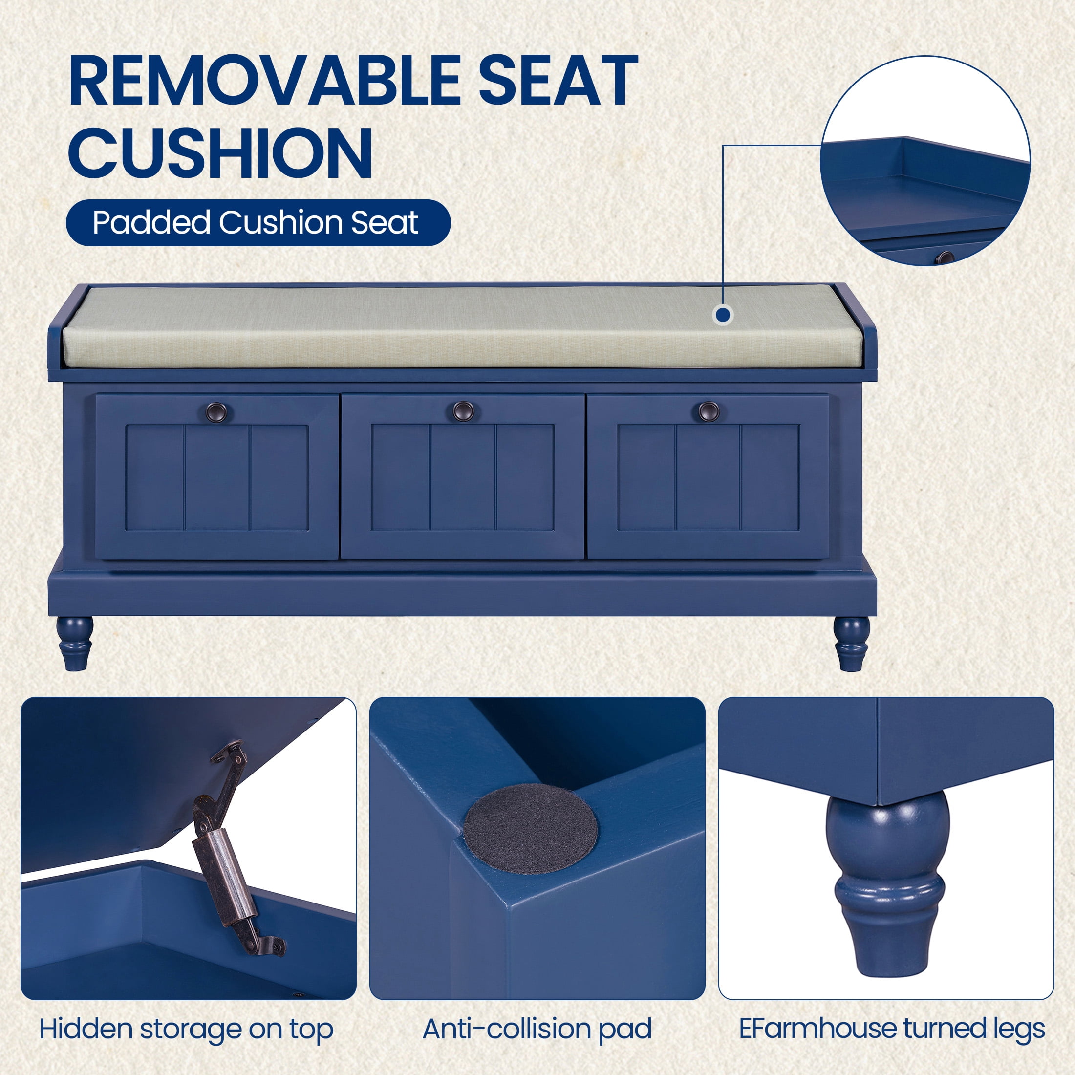 Aukfa Upholstered Storage Bench with 3 Drawers, Flip-Open Storage Box for Entryway, Hallway, Mudroom, Navy