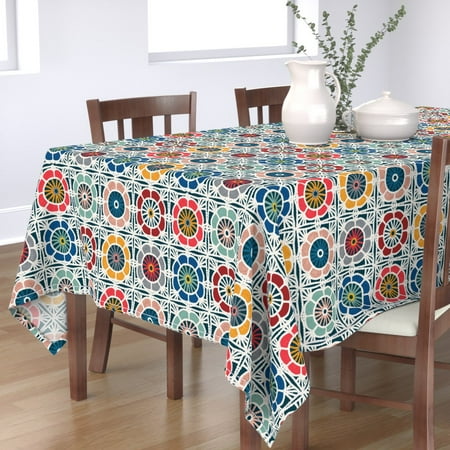 

Cotton Sateen Tablecloth 90 Square - Floral Colorful Vintage 70S Classic Patchwork Geometric Print Custom Table Linens by Spoonflower