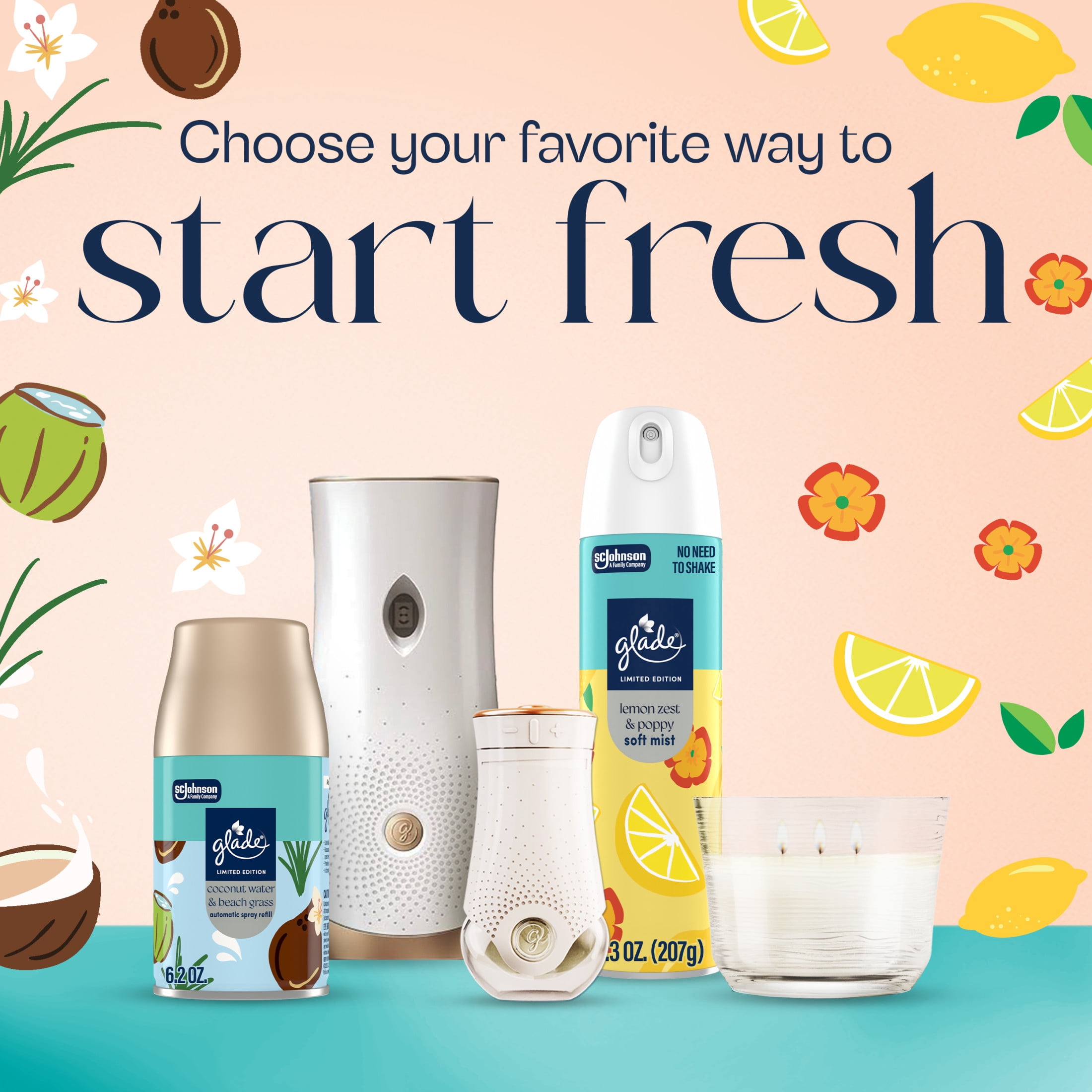 (5 pack) Glade® PlugIns®,Coconut Water & Beach Grass and Lemon Zest & Poppy Scented Oils, 3.35 oz, 5 Count