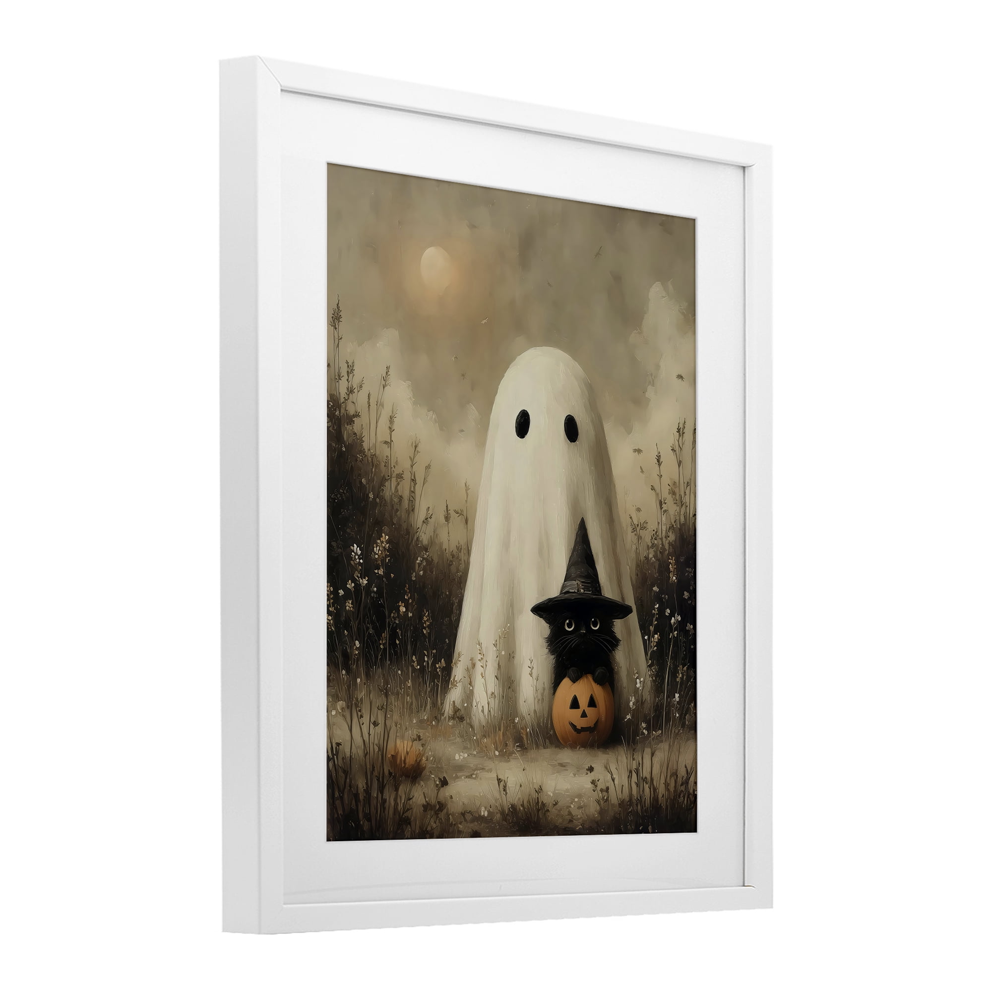 Ghost with Black Kitten White Framed Print Under Glass, design by Arlington Prints