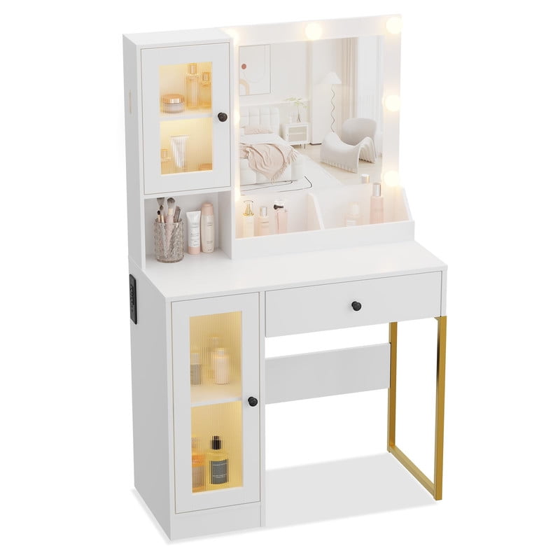 TROPOW Vanity Desk with Mirror and Lights Elegant Makeup Vanity Table with Drawers & Cabinets, Storage, Sturdy MDF Top, Adjustable Brightness Bulbs, Built-in Power Outlet & USB Ports,White