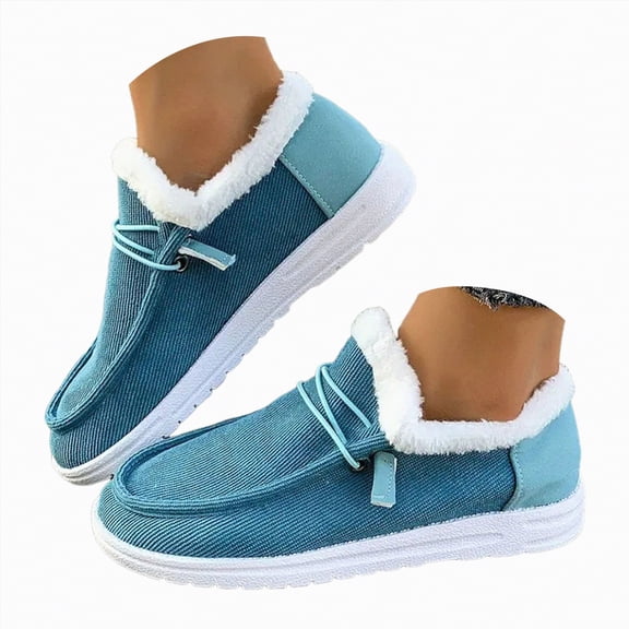 CAICJ98 Women's Warm Lace up Loafers Casual Cozy Flat Slip on Wide Width Shoes Non-Slip Lightweight Canvas Driving Walking Shoes Women Winter Boots (Blue,Size 9.5)
