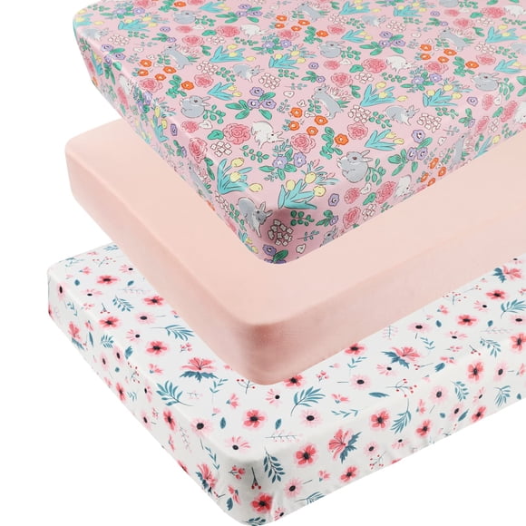 Juego de sábanas bajeras Tontukatu, paquete de 3 unidades, diseño floral de conejo rosa, 61 x 99 cm