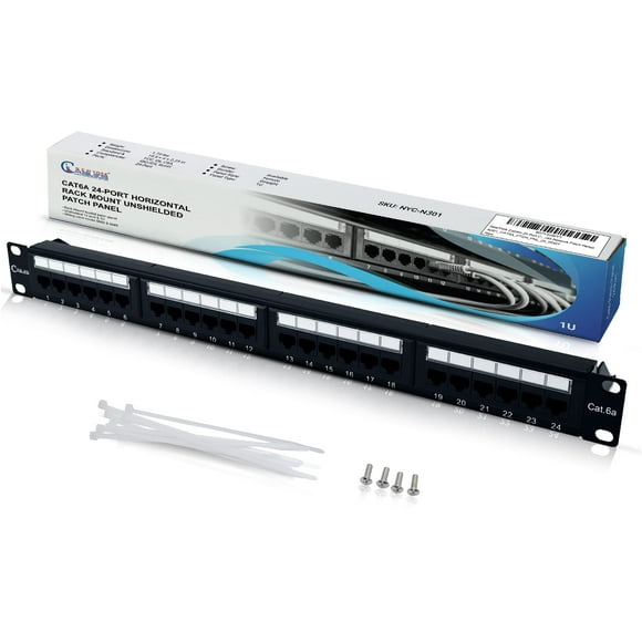 NewYork Cables - 24 Port Cat6a, Cat6 Patch Panel, High Speed 10 GBit/s, 1U 19鈥?Rackmount/Wall Mount Ethernet Patch Panel, Horizontal Rj45 Network Patch Panel, with Cable Ties, Screws, Metal Back Bar