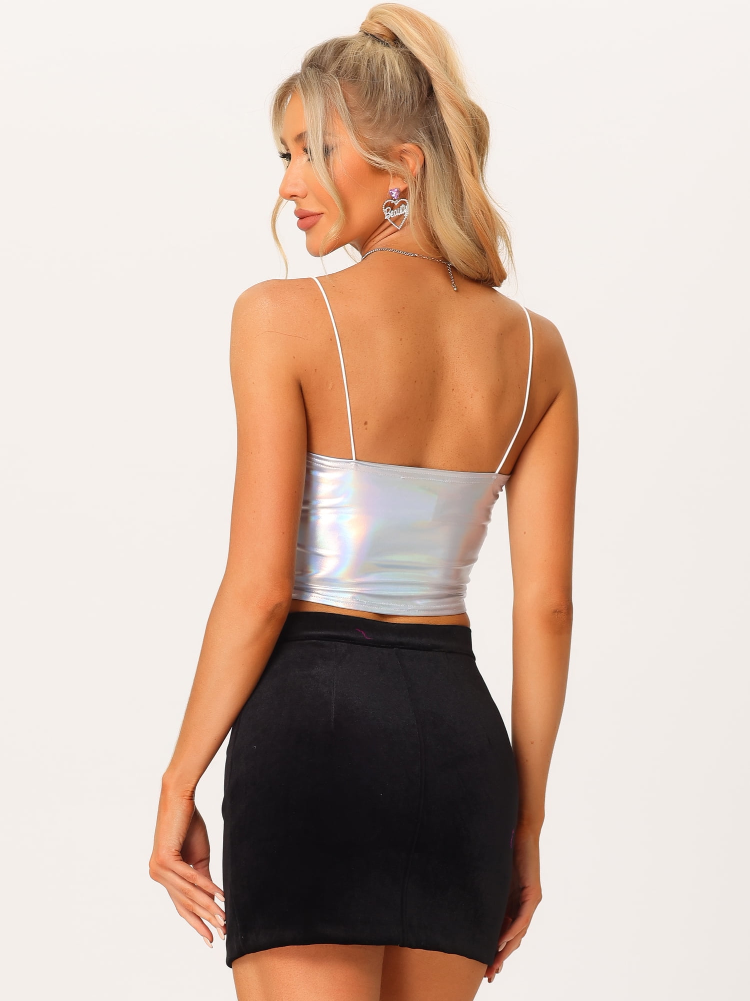 DARIGN DIVA Women's Sparkly Shiny Metallic Crop Cami Tops M Silver