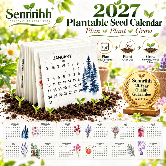2027 Plantable Seed Calendar, 12-Month Seed Paper Desk Calendar with Wooden Stand, Wildflower Monthly Planner for Home Office & Garden Gifts