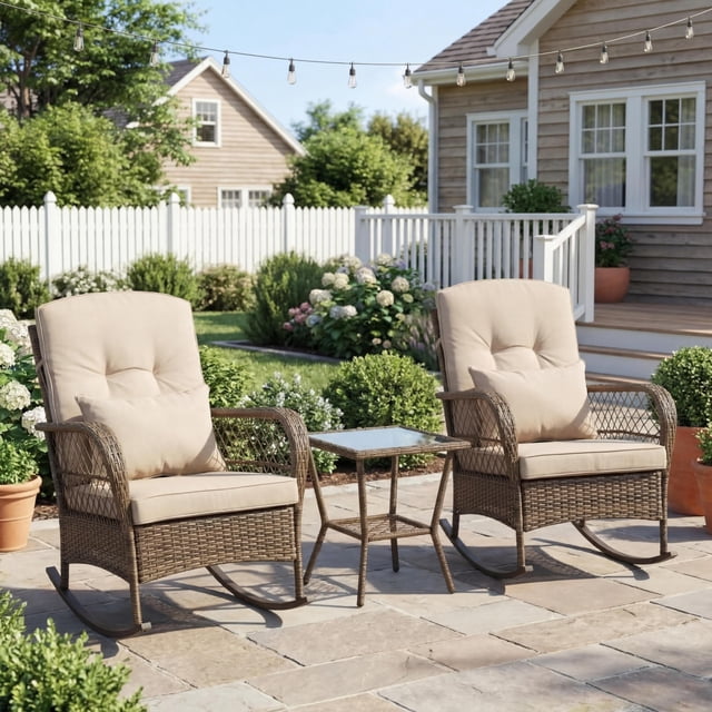 3 Piece Outdoor Patio Wicker Rocking Chair Set – All-Weather Dark Grey Rattan Conversation Furniture with Cushions & Coffee Table – High Back Porch Rocker for Garden