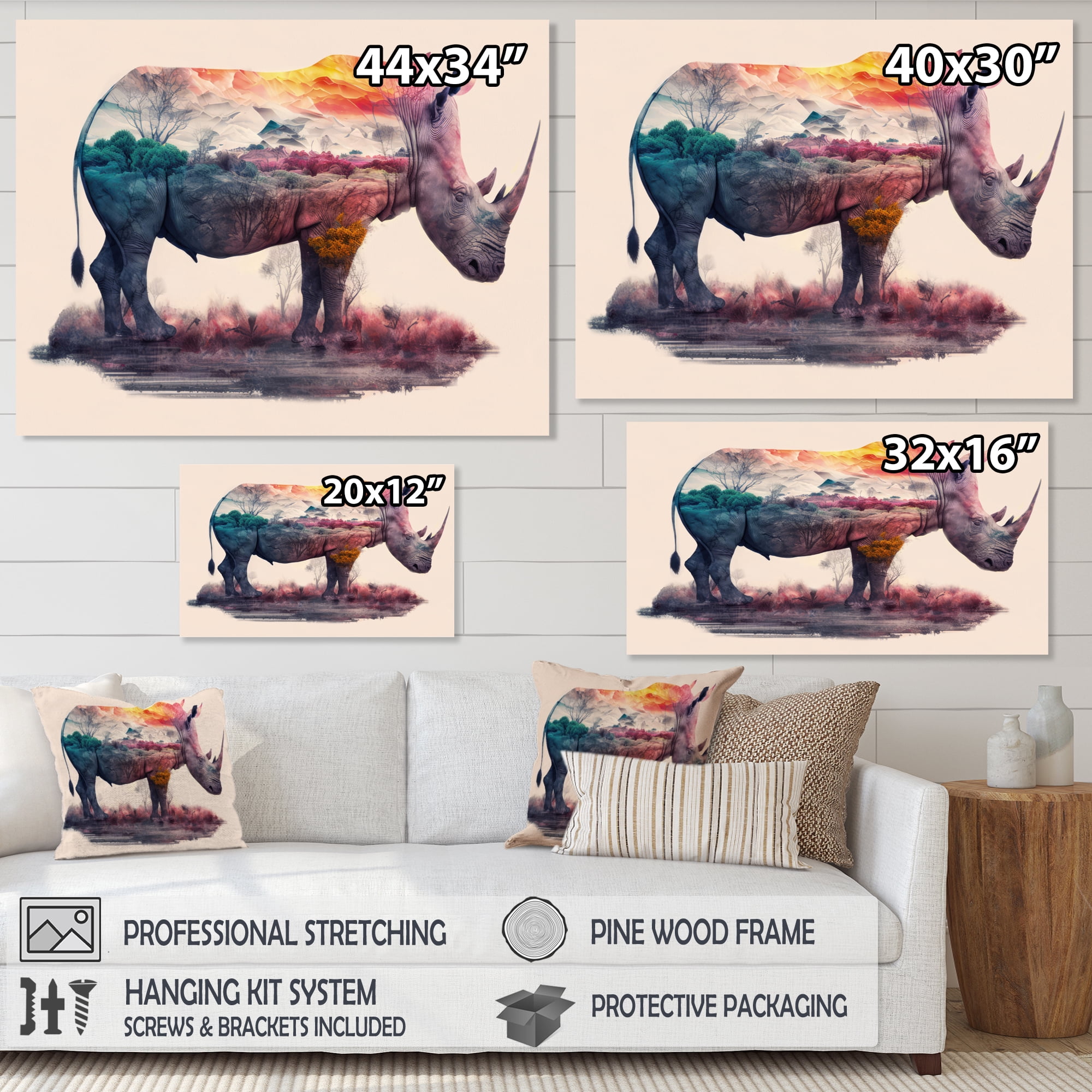 Designart Double Exposure Of A Rhino With African Landscape Canvas Wall Art