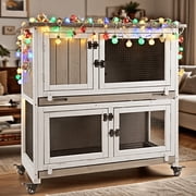 PETSCOSSET 36L Rabbit Hutch Indoor Wooden 2 Story Bunny Hutch Rabbit Cage Outdoor Bunny Cage on 4 Metal Wheels and 2 Deeper Pull Out Trays,Ramp,Guinea Pig Pet House for Small to Medium Animals,Grey
