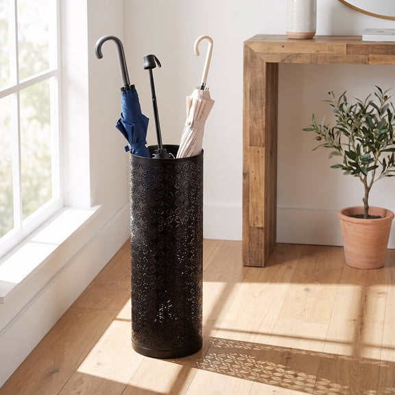 Shihaoyuan Umbrella Holder for Entryway, Metal Round Umbrella Stand Rack, Rust-Resistant Freestanding Bin with Hollow-Out Design, 16.5 Inch, Black