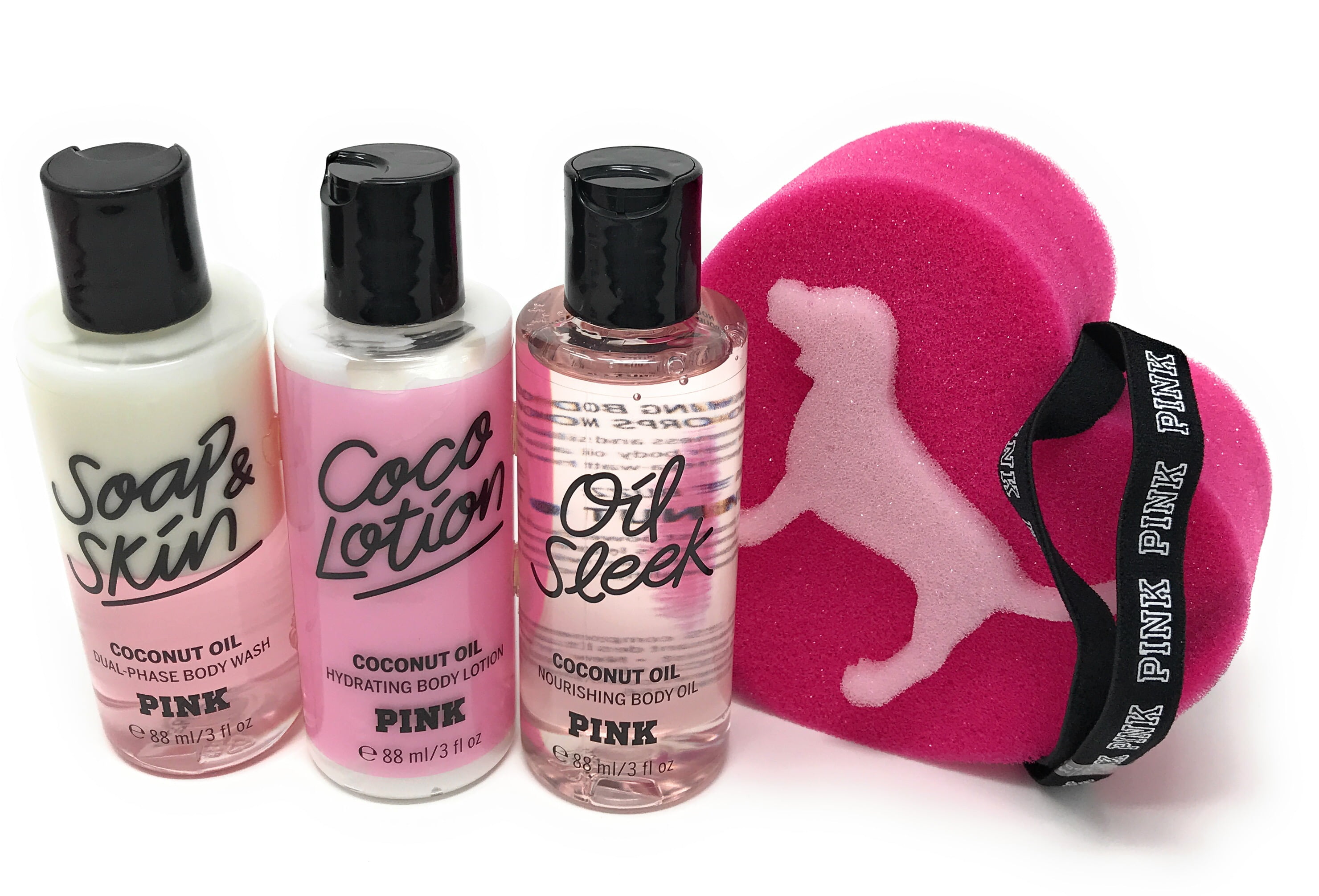 Victoria's Secret PINK Coconut Oil 5 pc Gift Set - Wash, Lotion, Oil,  Sponge, Beauty Bag 