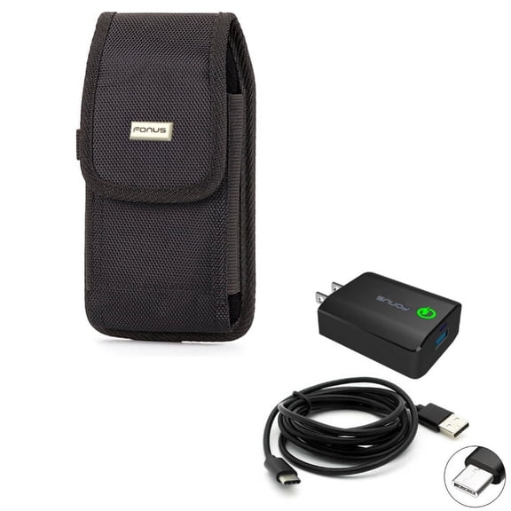 Rugged Canvas Case w 18W Adaptive Fast USB Home Charger 6ft Type-C Turbo Cable K6G for Essential Phone (PH-1)