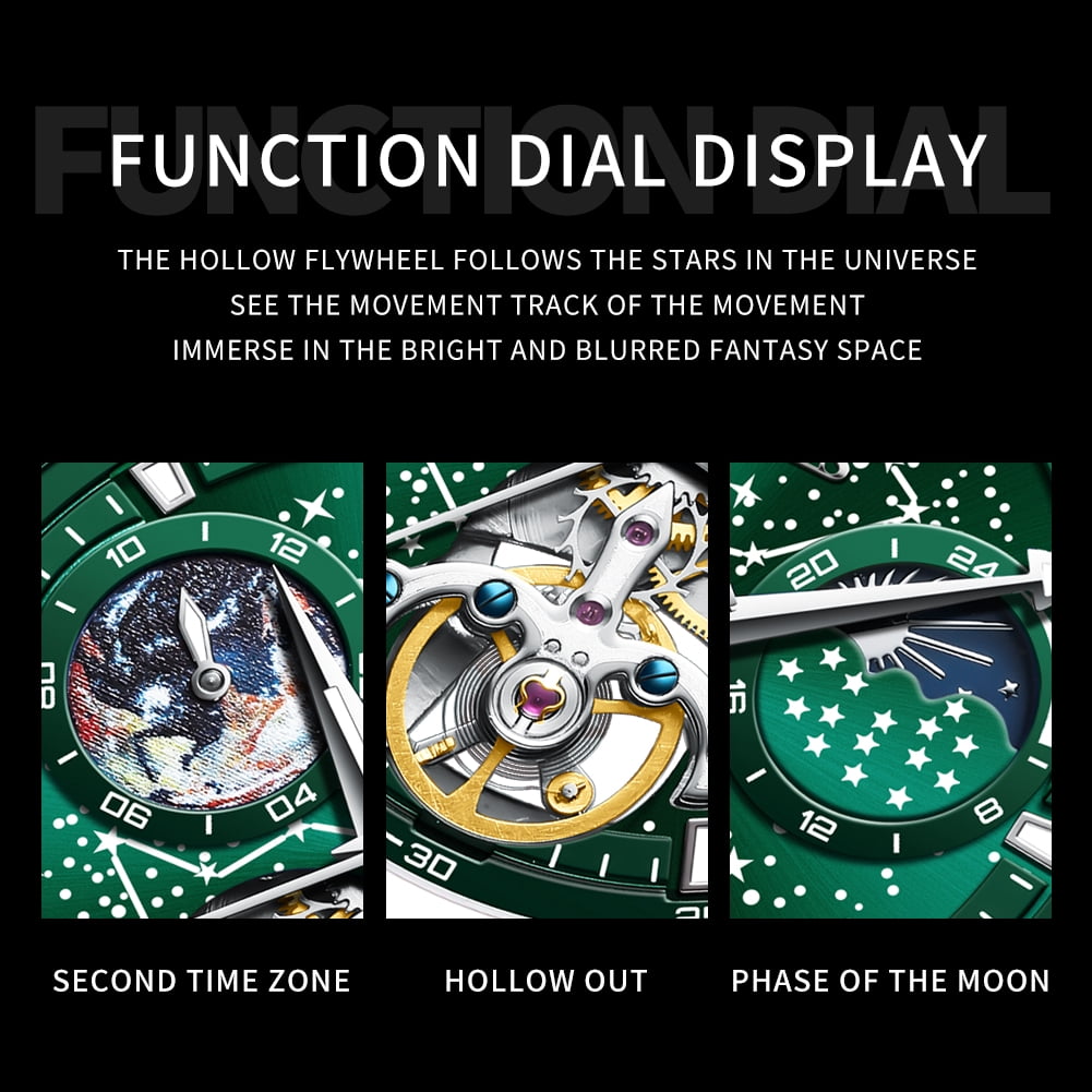 OLEVS Automatic Watches for Mens Starry Sky Skeleton Tourbillon Self Winding Mechanical Moon Phase Luminous Waterproof Luxury Dress Mens Wrist Watches Gifts Reloj Para Hombre Black/Blue/Green