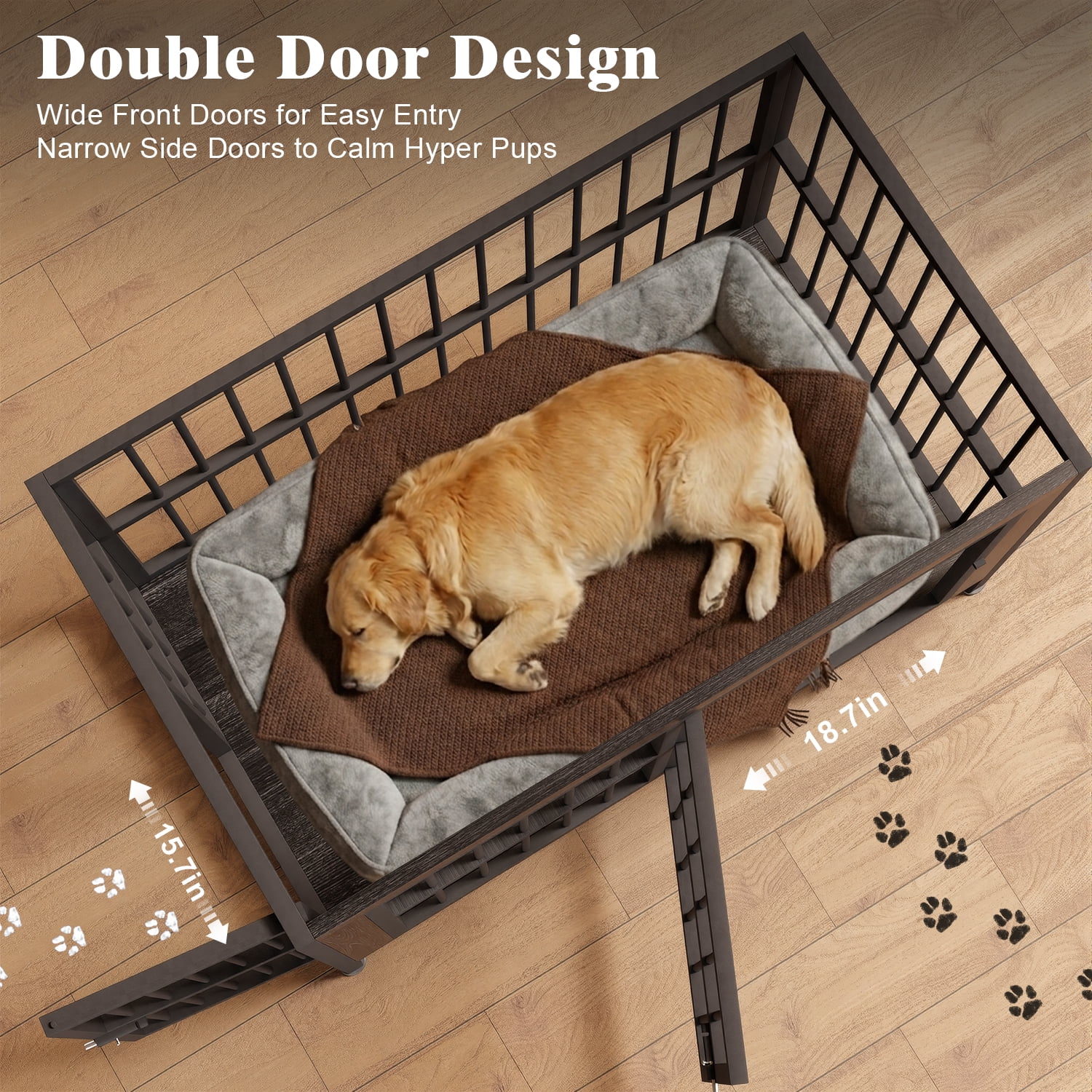 Ironovahome 45" Dog Crate Furniture for Medium/Large Dogs, Heavy Duty Wooden Dog Crate with Double Doors & Safe Locks, XL Large Indoor Dog Kennel Pet House, Black