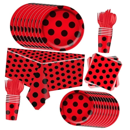 HYKE 81Pcs Ladybug Themed Party Tableware Set for , Including Plates, Napkins, Cups, and Utensils
