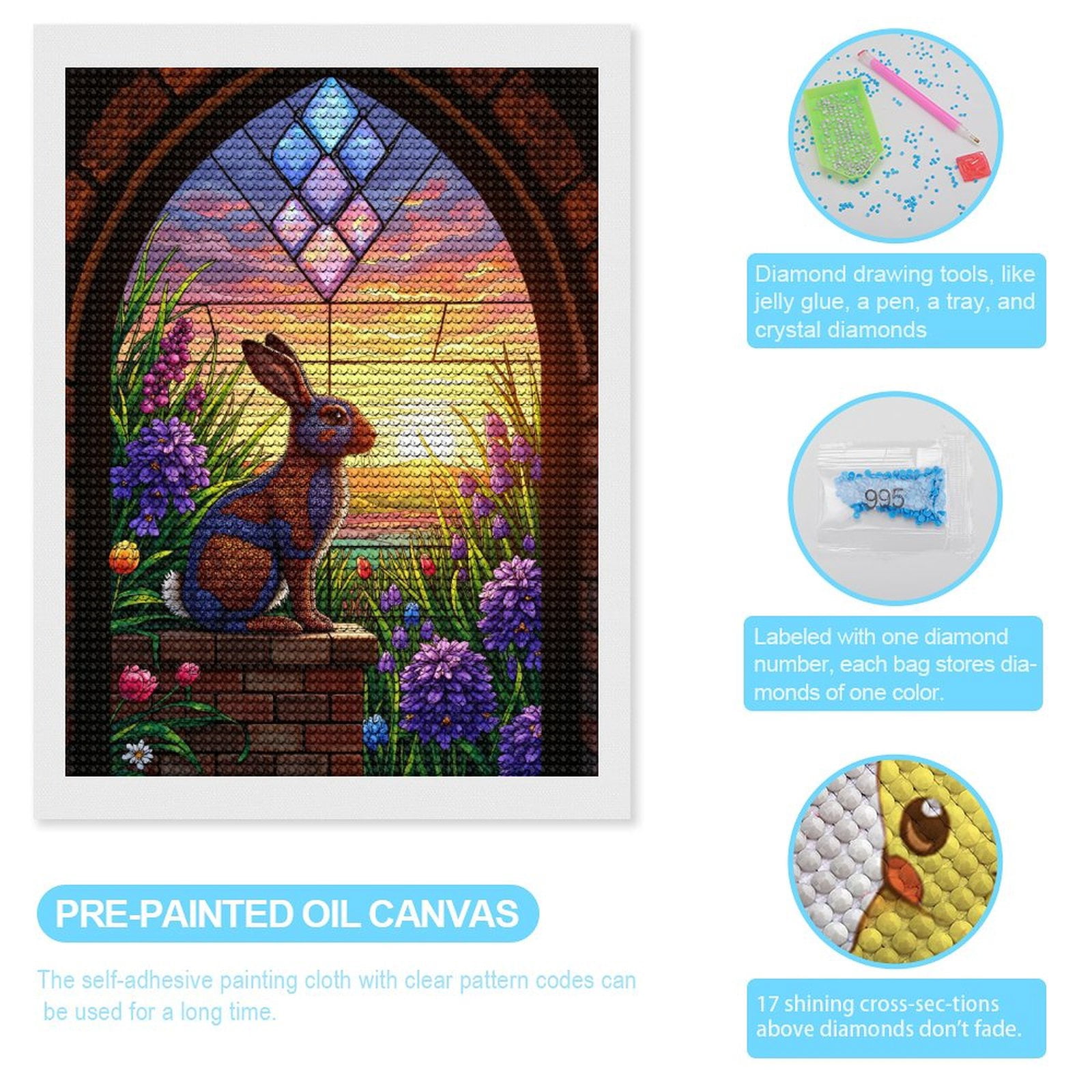 Diamond Art Kits for Adults, Rabbit Sunset Floral Stained Glass 5D Diamond Painting Kits for Adults Beginners, DIY Full Drill Diamond Painting, Gem Art and Crafts 12x16
