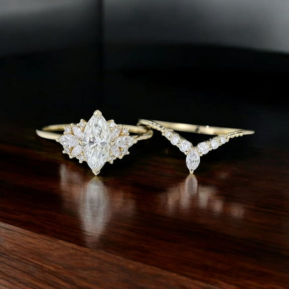 Cora Jewellery 1.6TCW Vintage Moissanite Engagment Bridal Ring Set For Women, 14K Yellow Gold, 5 US