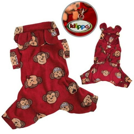 Klippo Pet KBD034SZ Adorable Silly Monkey Fleece Dog Pajamas & Bodysuit With Hood, Burgundy - Small