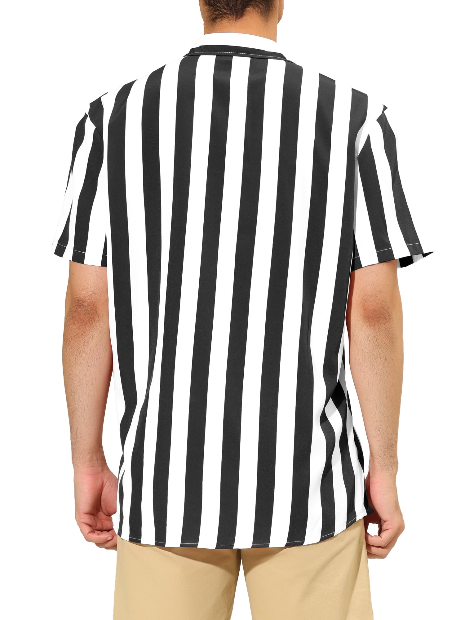 Unique Bargains Men's Short Sleeved Color Block Button Down Beach Stripe Shirt M Black