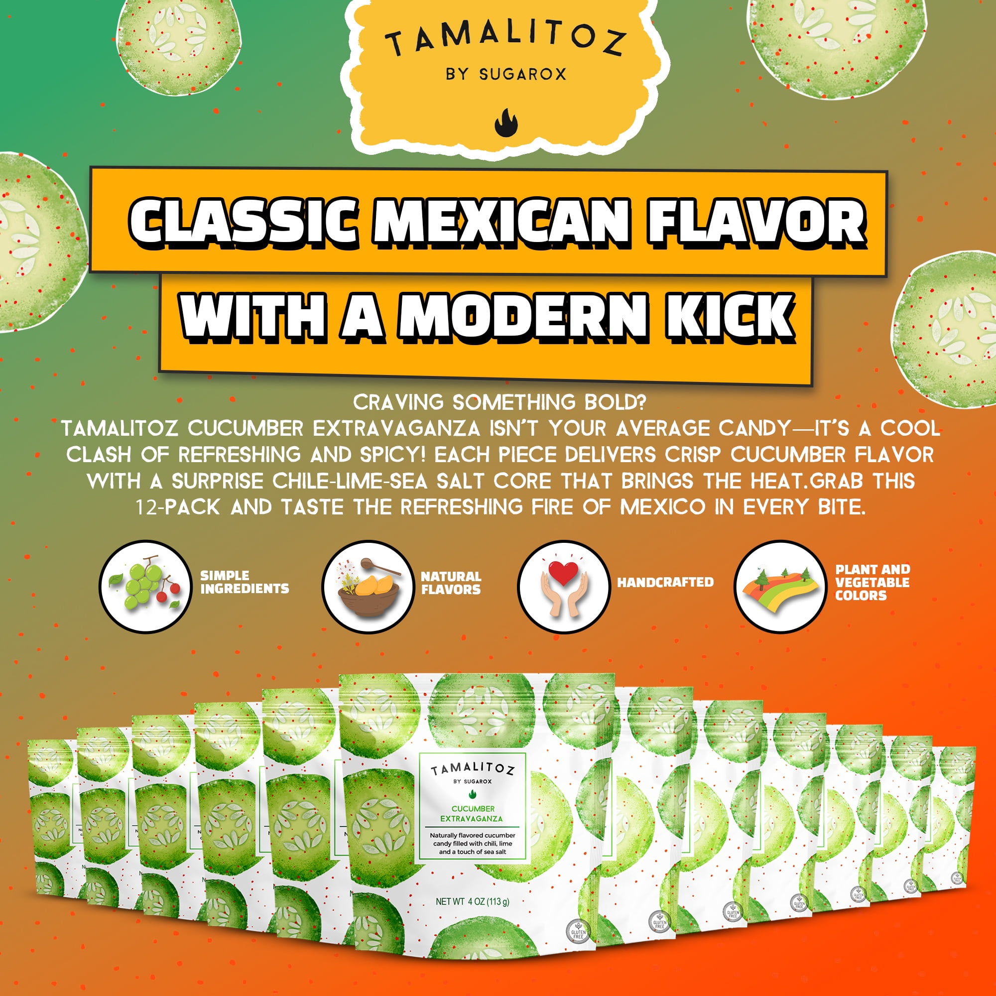 Tamalitoz Cucumber Extravaganza – Spicy Cucumber Mexican Hard Candy Filled with Chile, Lime & Sea Salt – Handcrafted Candy, Gluten-Free, Kosher, 12 Bags – 4oz Each