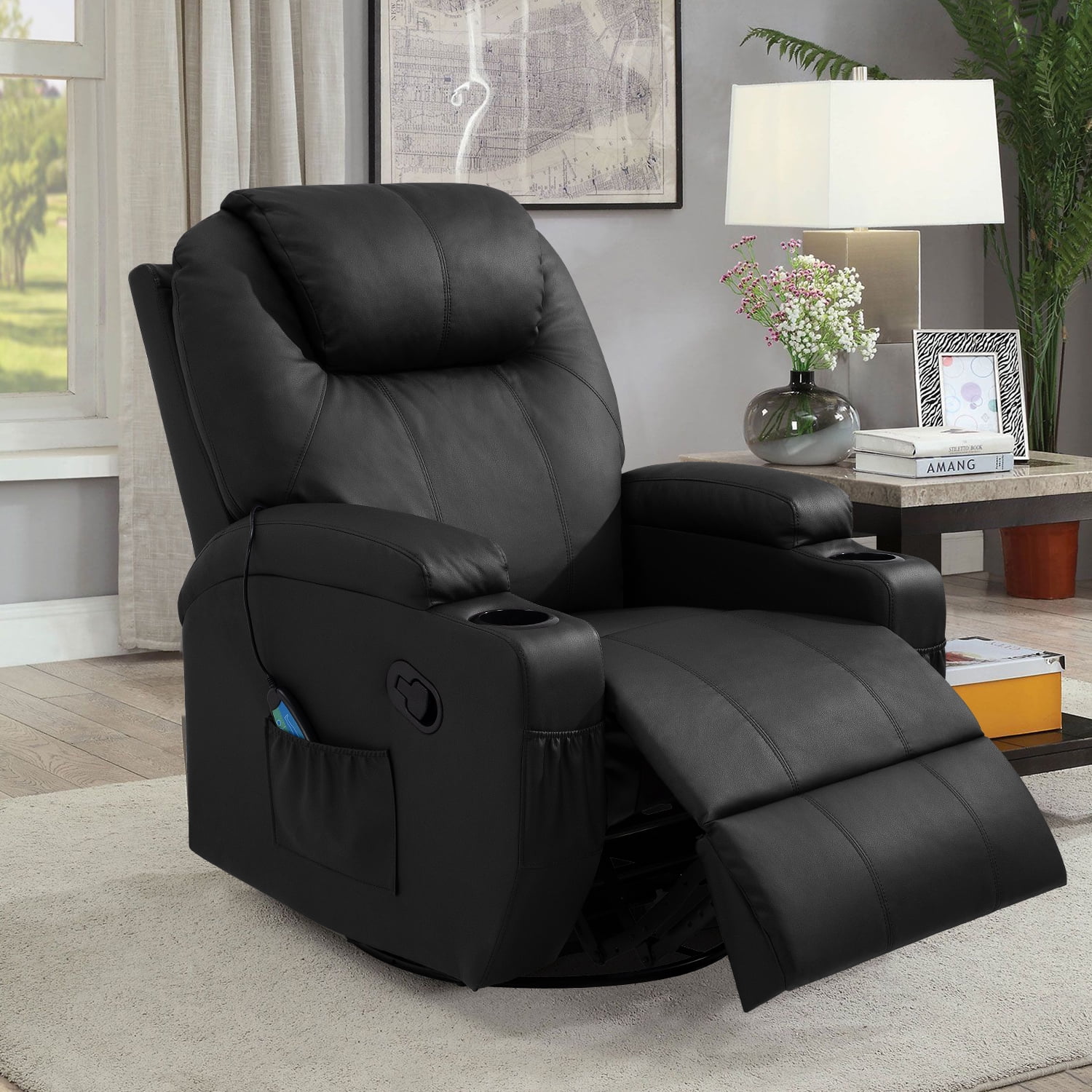 Lacoo Recliner Chair Executive Swivel Massage Recliner with PU Leather Single Living Room Sofa Seat with Huge Headrest and Thick Armrest , Black