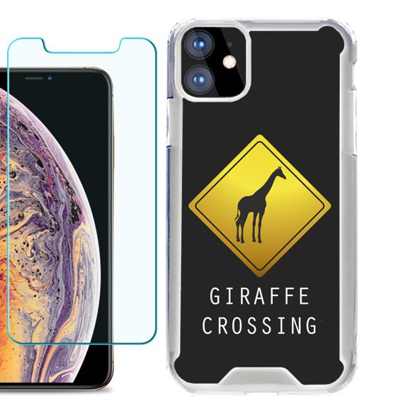 For Apple iPhone 11 Case, Hybrid Bumper Phone Case, with Tempered Glass Screen Protector, by OneToughShield ® - Road Sign Giraffe