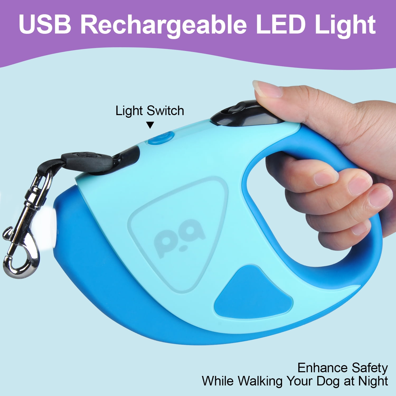 16Ft Retractable Dog Leash w/ LED Flashlight,ABCPOW Lightweight Pet Leash for Small Medium Dogs Up to 66 lbs,Anti-Slip Handle,Stainless Metal Spring Strong Nylon Tape,Tangle Free,One-Handed Brake