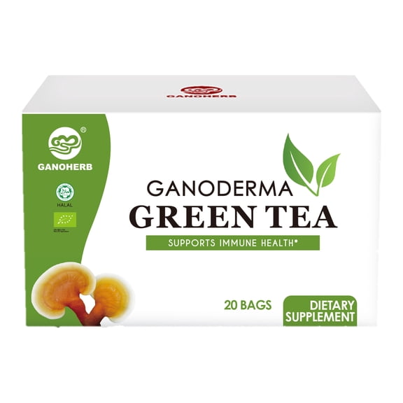 GANOHERB Reishi Mushroom Green Tea Bags - Instant Herbal Tea with Ganoderma Lucidum -Boost Immune System& Stress Relief& Full Energy-Vegan,Paleo,Gluten Free,No Sugar,0.07 Ounce (20 count)
