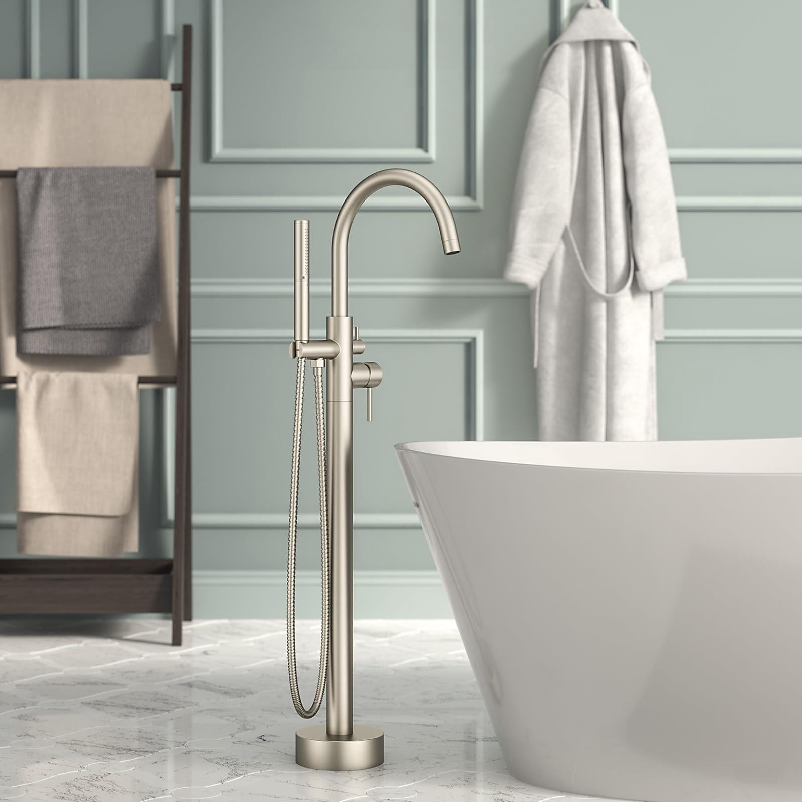 Freestanding Bathtub Faucet Brushed Nickel Floor Mount Metal Bathroom Gooseneck Spout with 2 Function Hand Shower