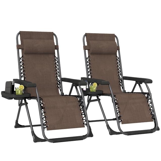Outsunny Ensemble de 2 Chaises à Gravité Zéro avec Porte-Gobelet, Appuie-Tête, Brun