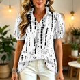 thumbnail image 4 of Boho Patchwork Print Blouse for Women, V-Neck Short Sleeve Button Down Top with Puff Sleeves - Colorful Casual Summer Tunic Shirt for Vacation & Beach White S, 4 of 6