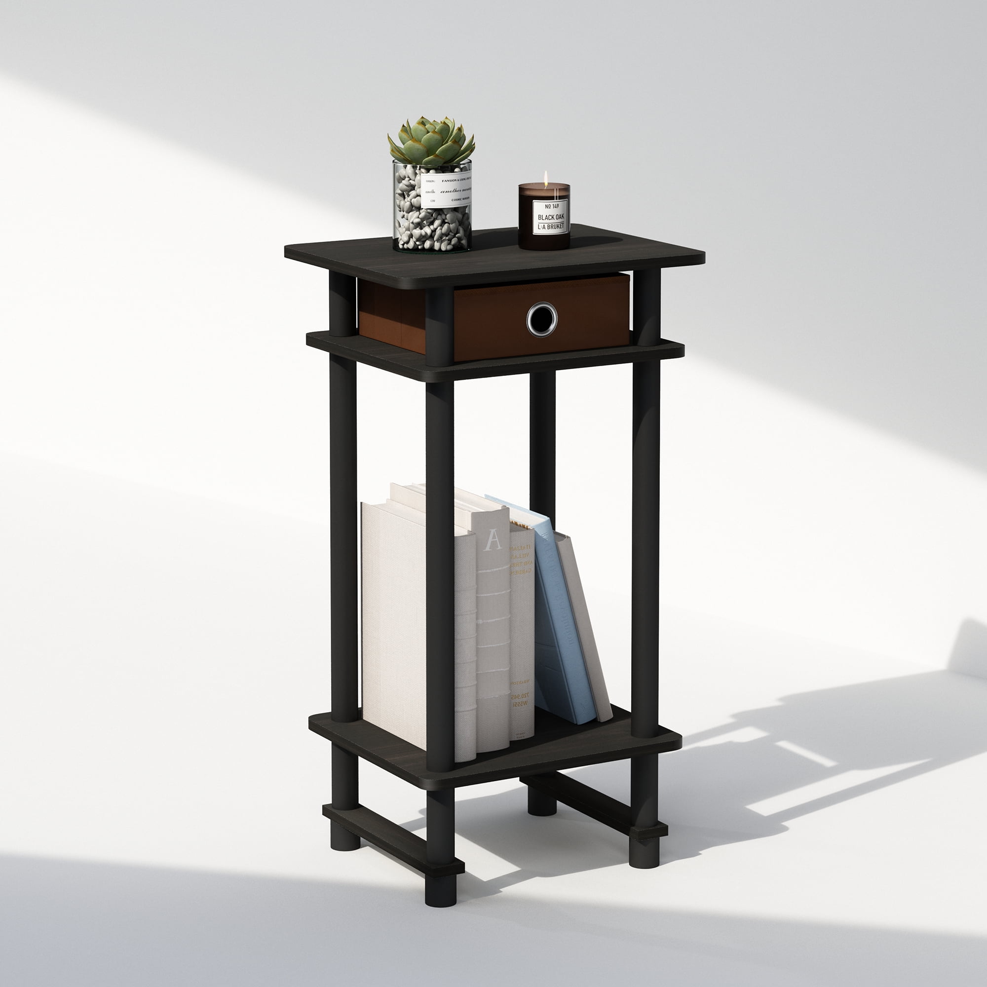 Furinno Turn-N-Tube Tall Nightstand with Bin, Espresso/Brown