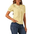 thumbnail image 4 of Blusa de mujer con cuello Peter Pan en contraste, manga corta abullonada, camisa de cuadros, color amarillo, 4 of 6