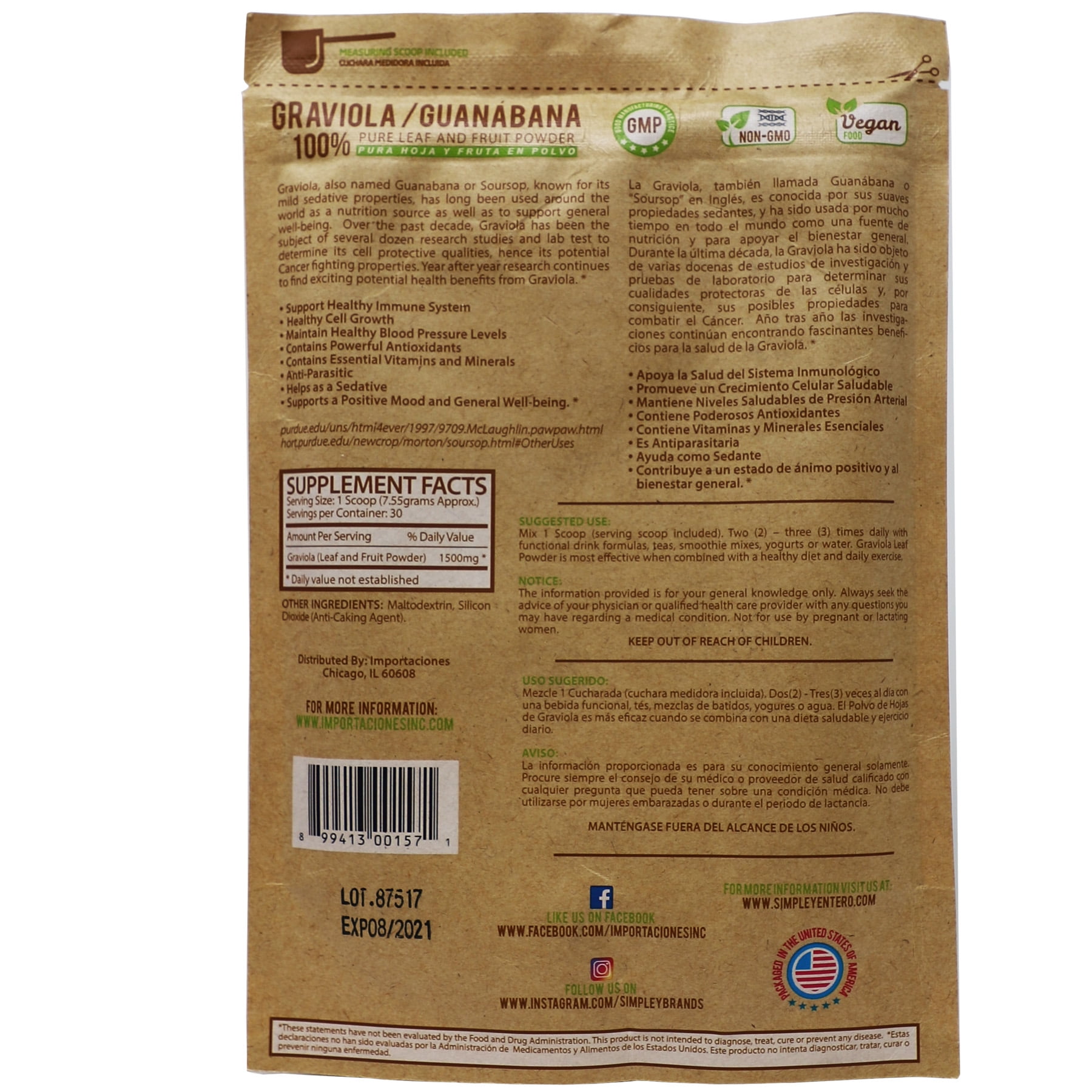 (2 pack) Simple Y Entero Graviola and Guanabana with 100% Leaf Powder, Boosts Your Immune System, 8 oz Bag