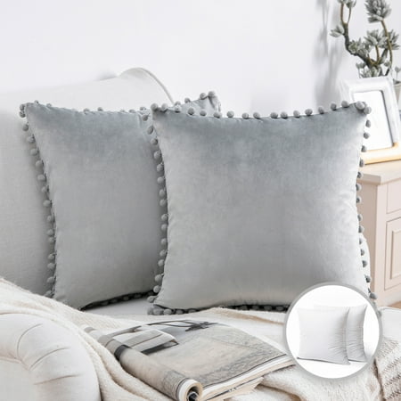 Phantoscope Pom Pom Velvet Series Decorative Throw Pillow, 22" x 22", Grey, 2 Pack