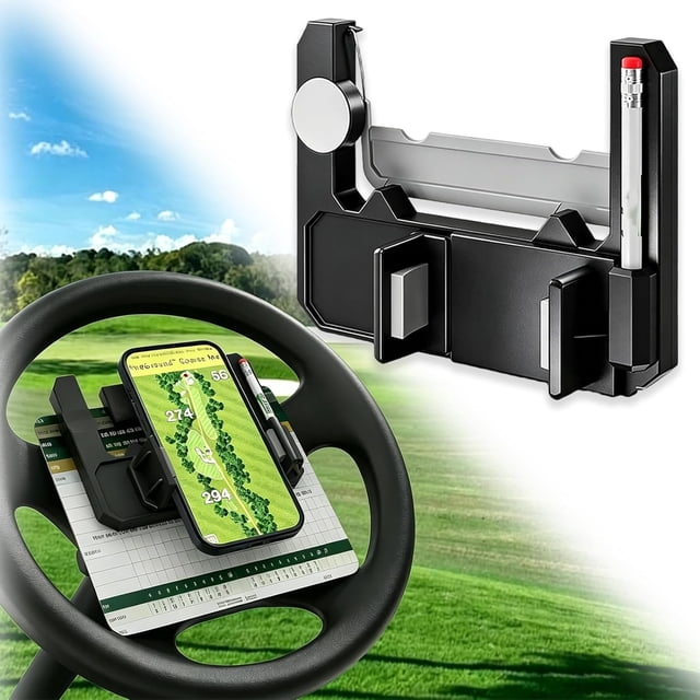 Golf Cart Steering Wheel Phone Holder, Flip Up Phone Mount with Scorecard Slot, 360 Adjustable Golf Cart Phone Holder Steering Wheel for Score Tracking on Course(Q)