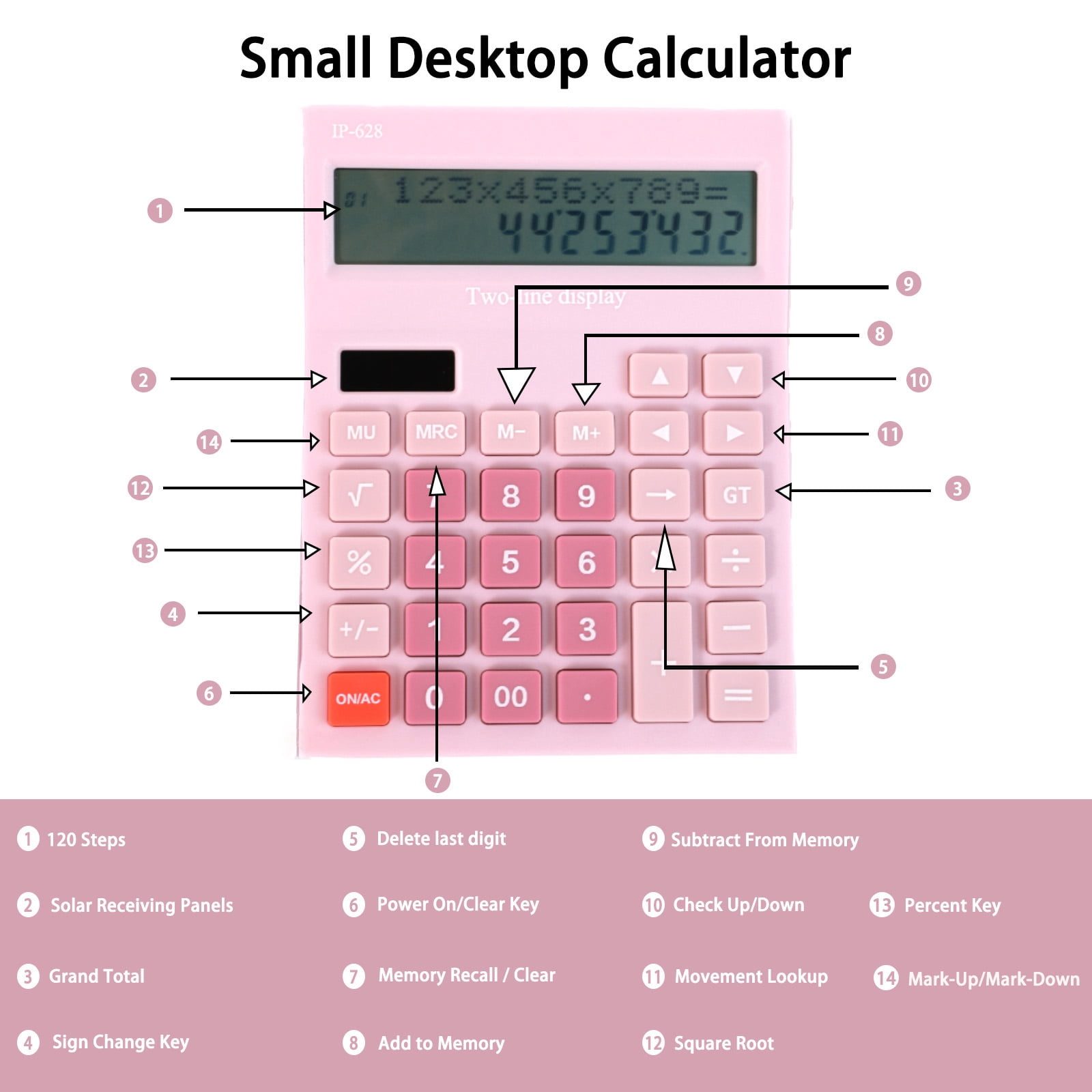 Calculators Desktop, Desk Calculator with Large 2 Line Display, Basic Calculator with Big Button, 4 Function Calculator for Business, Students, Office Supplies (Pink)