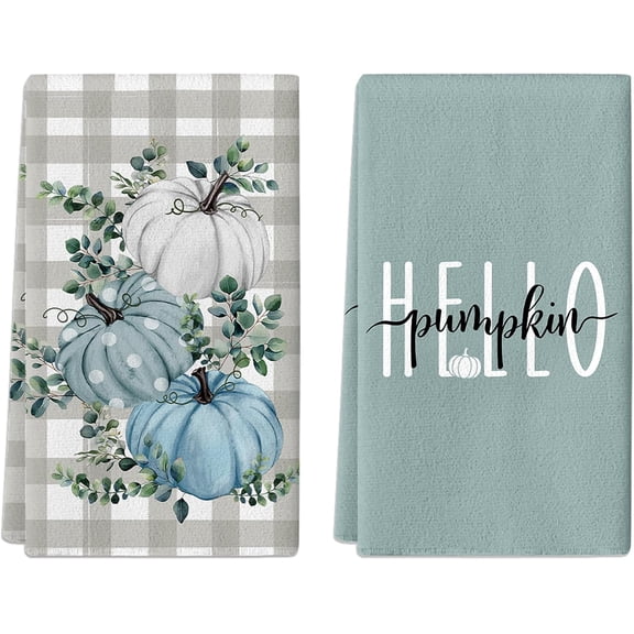 Fall Hand Towels Set of 2, Hello Pumpkin Blue Eucalyptus Leaves Bath Hand Towels for Bathroom Decorative Autumn Soft Absorbent Face Towels for Bathroom Home Hotel Gym Spa Yoga Kitchen 18"x26"