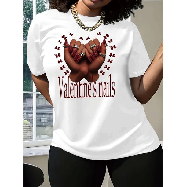 Camiseta de mujer inspirada en San Valentín: cuello redondo informal, manga corta, algodón transpirable, lavable a máquina, top deportivo informal.