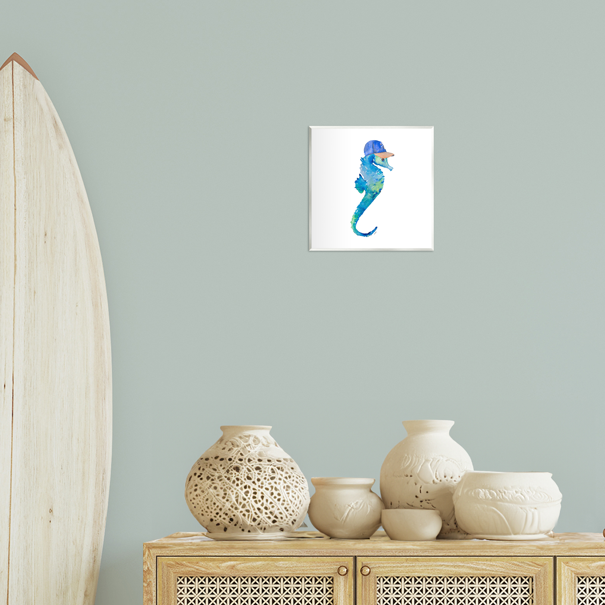 Stupell Industries Blue Seahorse in Hat Novelty Painting Unframed Art Print Wall Art, 12 x 12