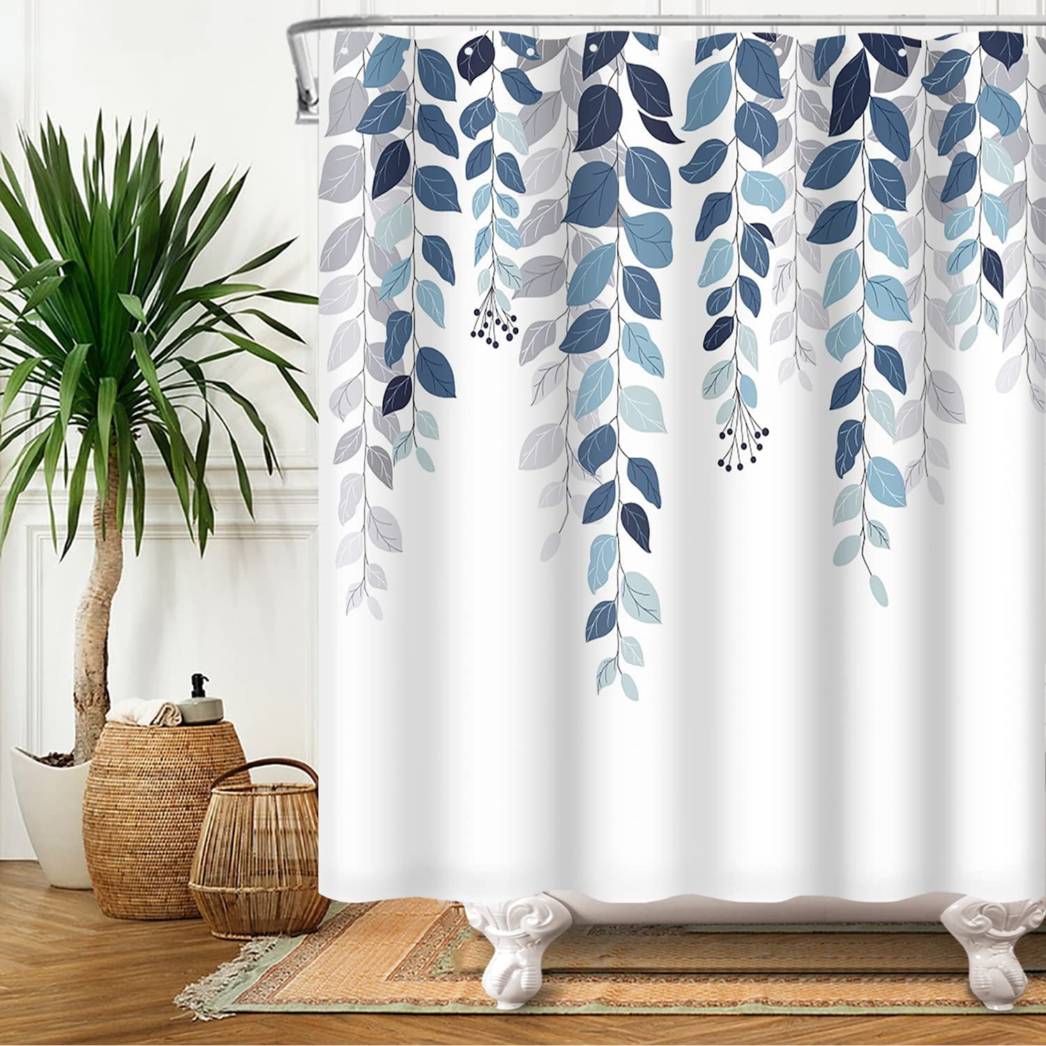 Extra Long Blue Plant Shower Curtain, Shower Curtain for Bathroom